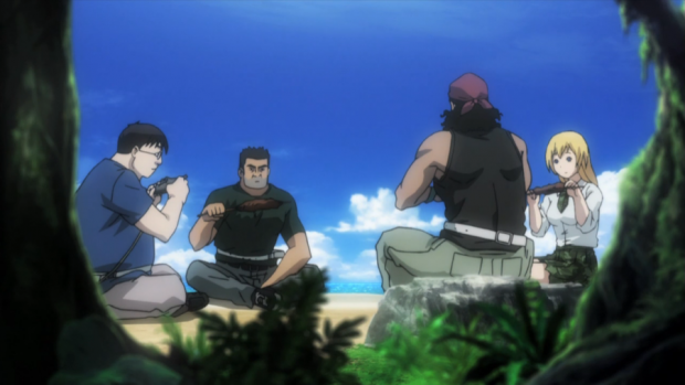 BTOOOM Fat Guy, Teacher, Bandana Guy, and Himiko Eating BTOOOM!