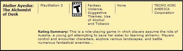 Atelier Ayesha ESRB Rating